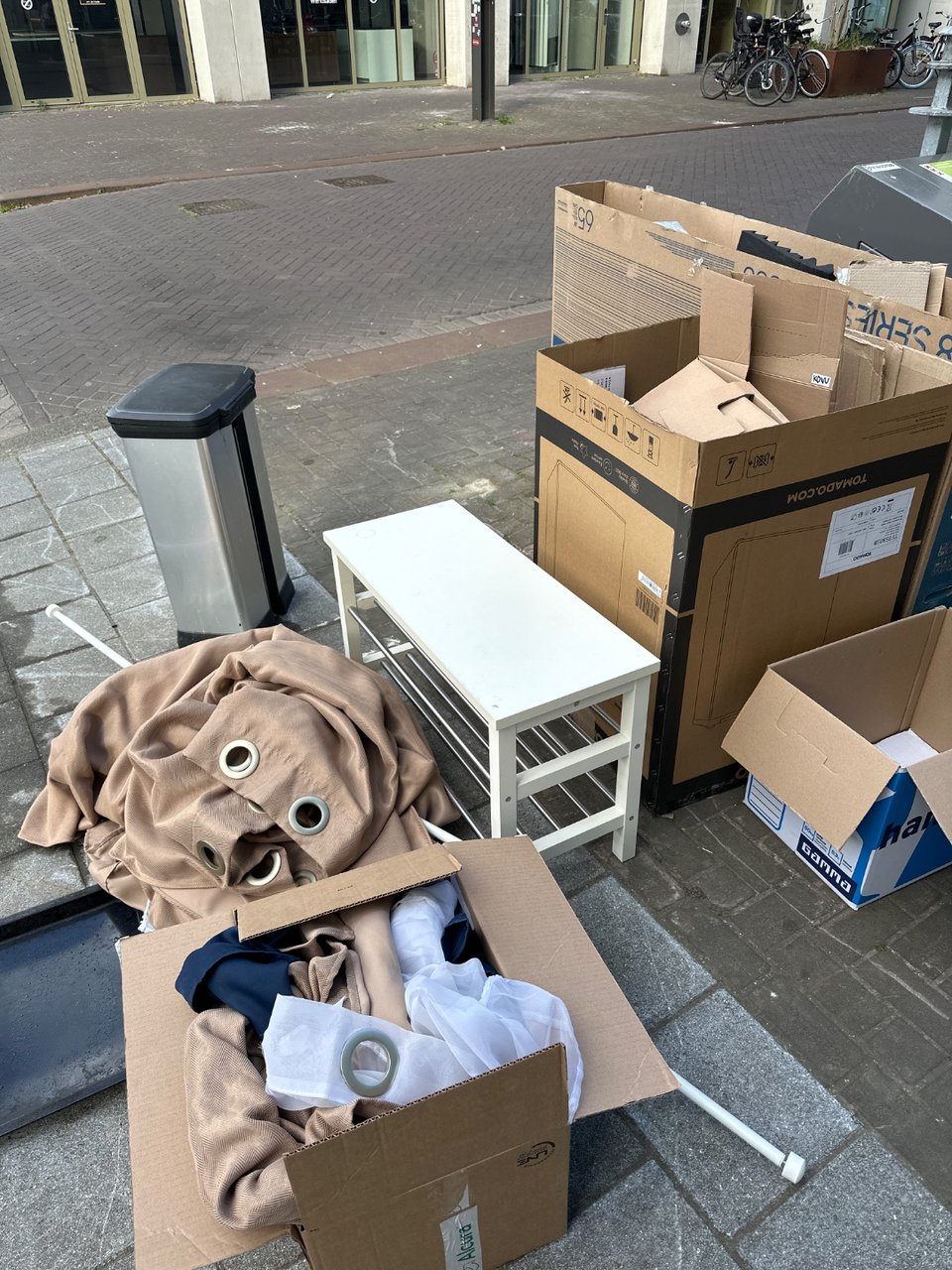 Shoe rack, curtains, art