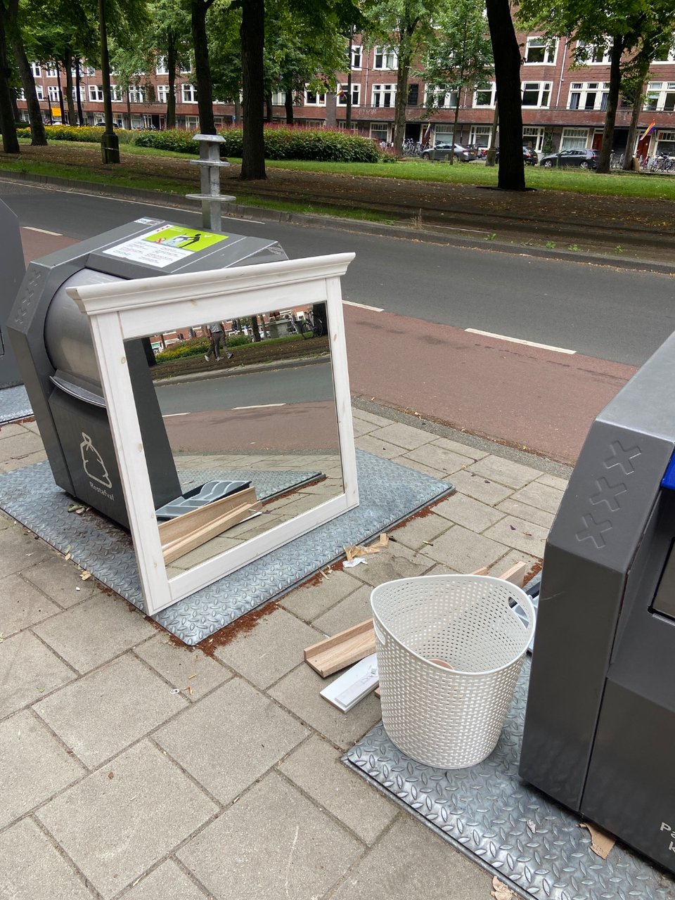 Big mirror, IKEA shelving and basket