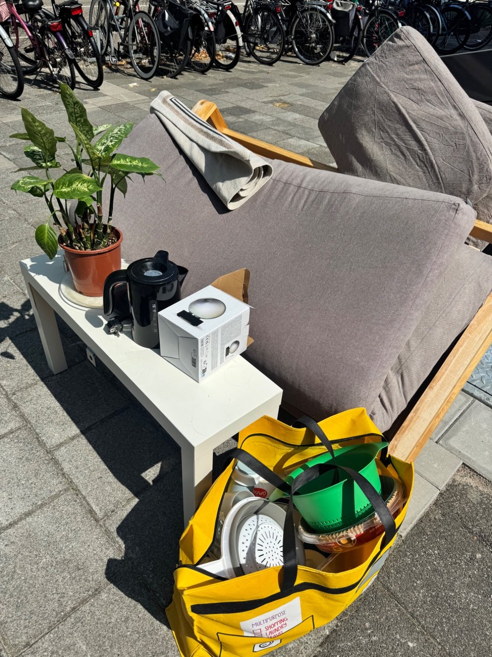 Various kitchen and living room items like plants, rugs, pans, kettle, side table etc