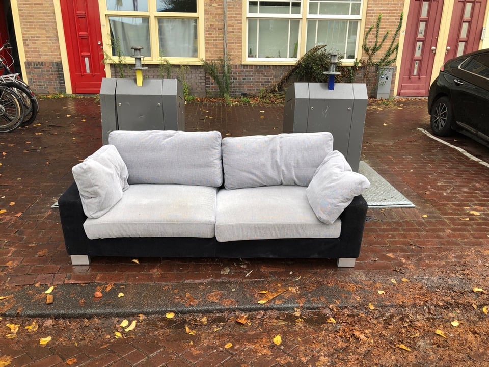 Couch, black+gray colour, cotton fabric (we covered it with foil to protect it from rain)
