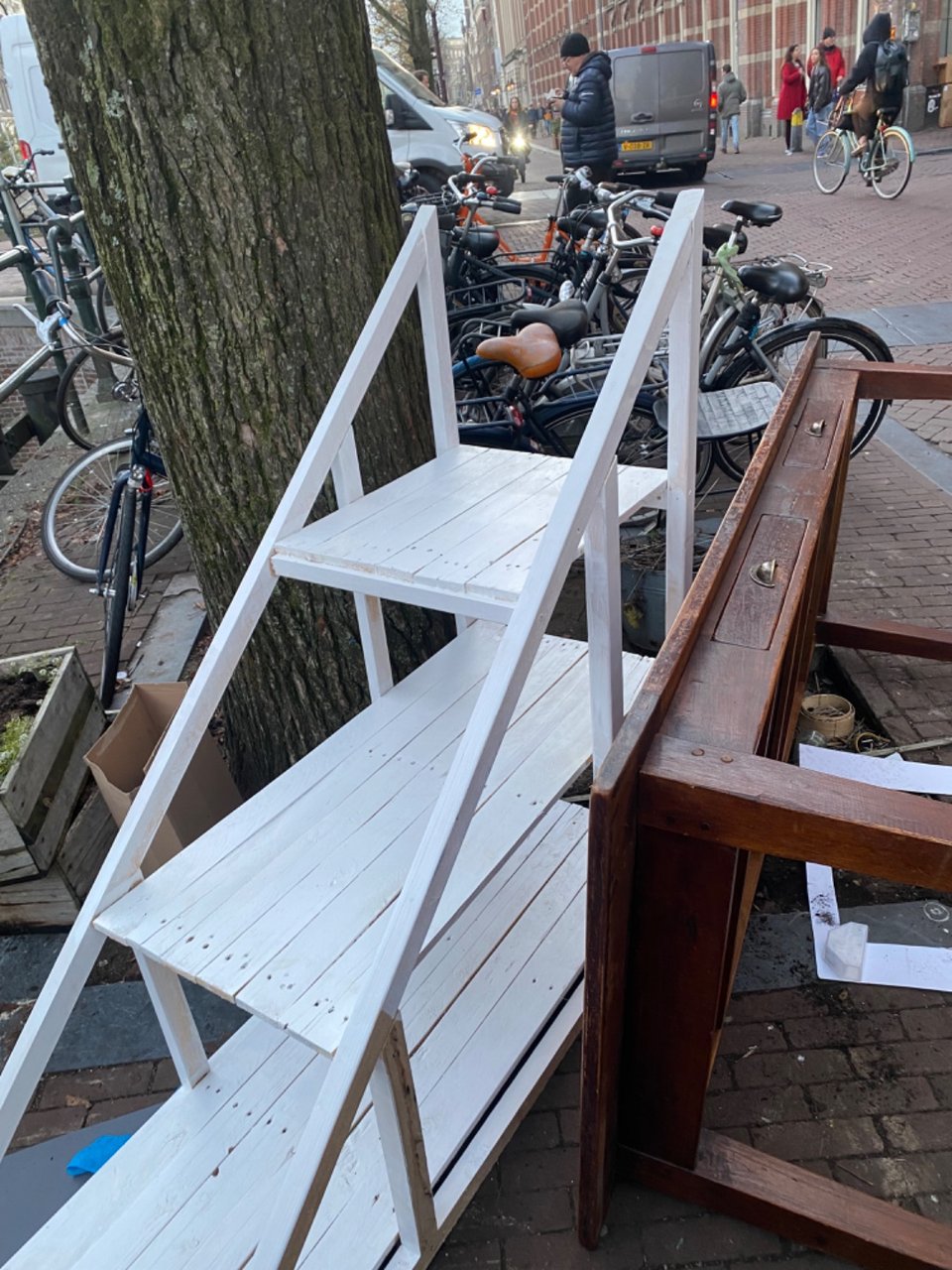 wood table, chair, and woody shelves