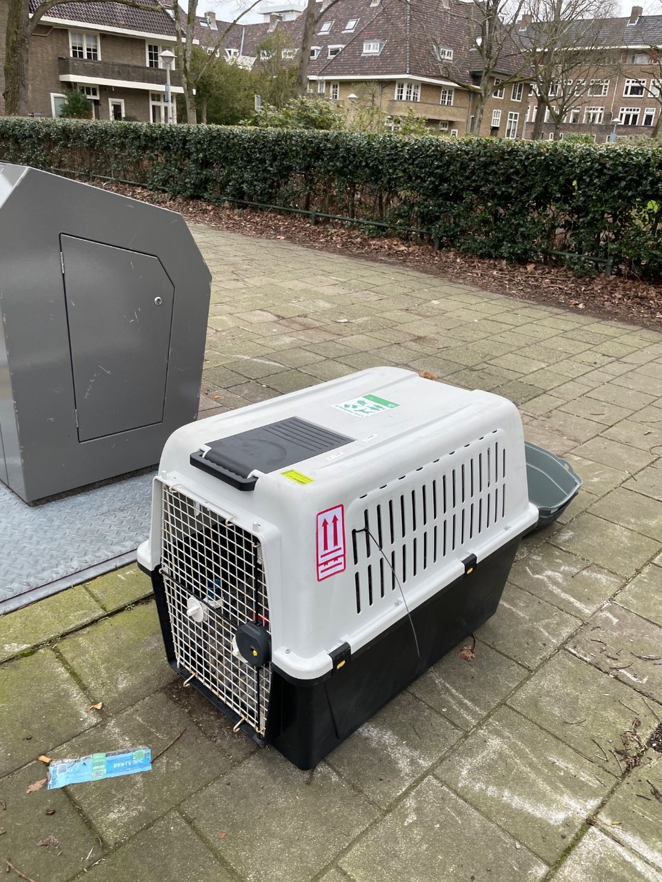 Grote flight diervervoer klm en doos plastic spullen voor kinderen *not mine* maar kostbare bench!