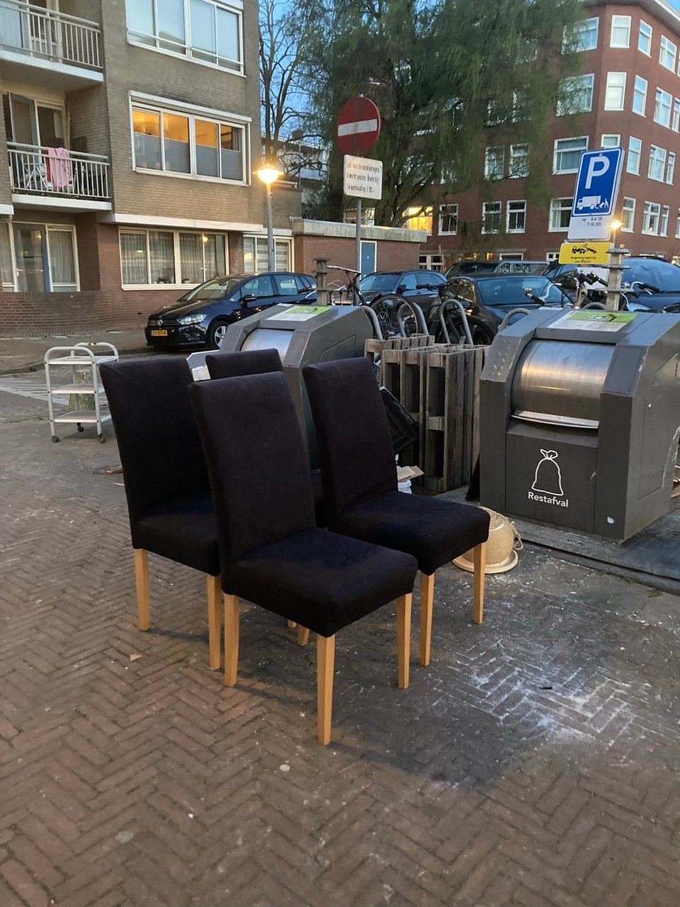 4 chairs (two a bit shaky), plastic boxes, pallets, cat toy (easy to repair), cabinet/shelves