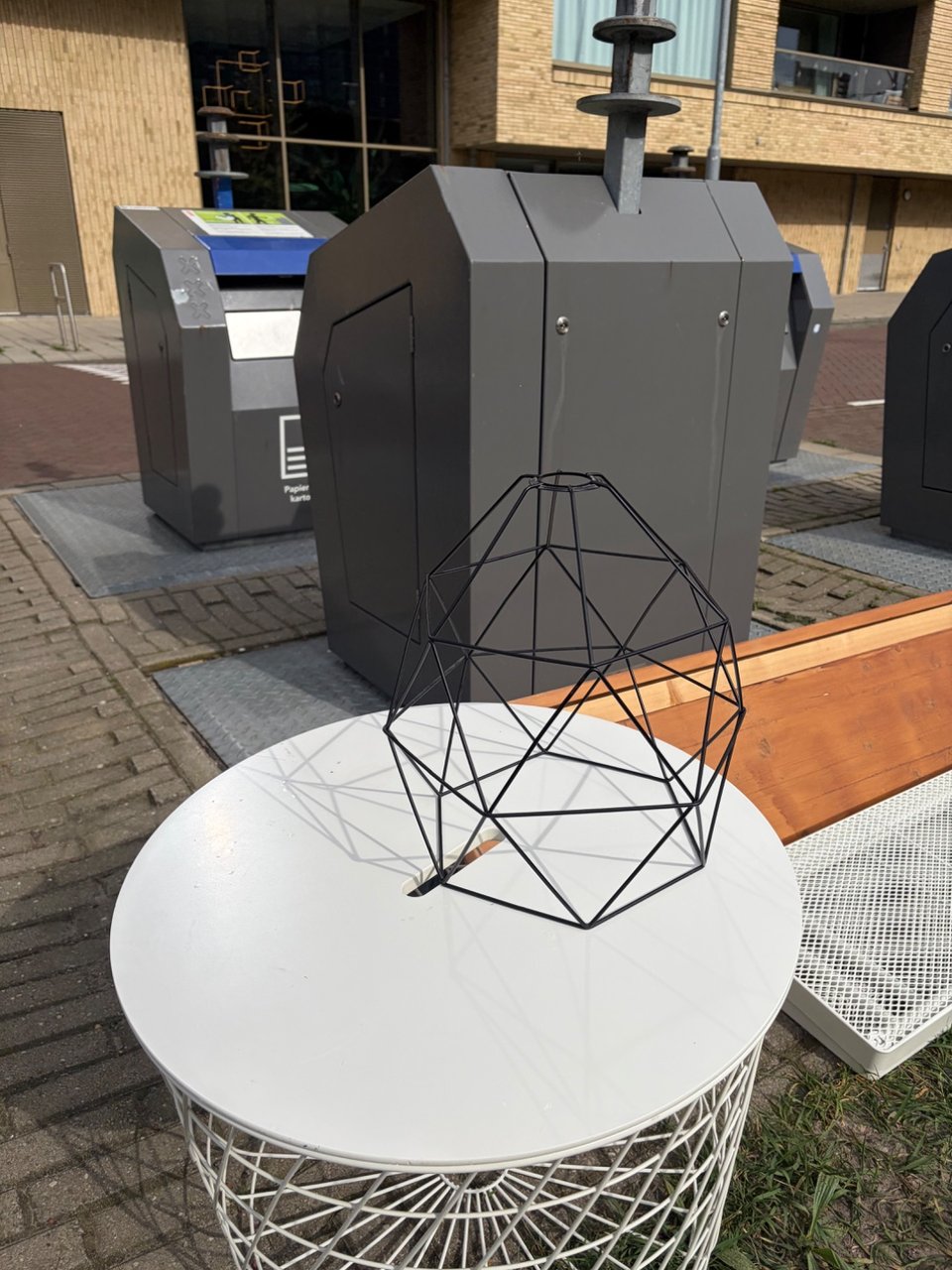 Table has some scratches on top that can be painted over with lacquer. Lamp shade is the Ikea Brunsta 30cm.