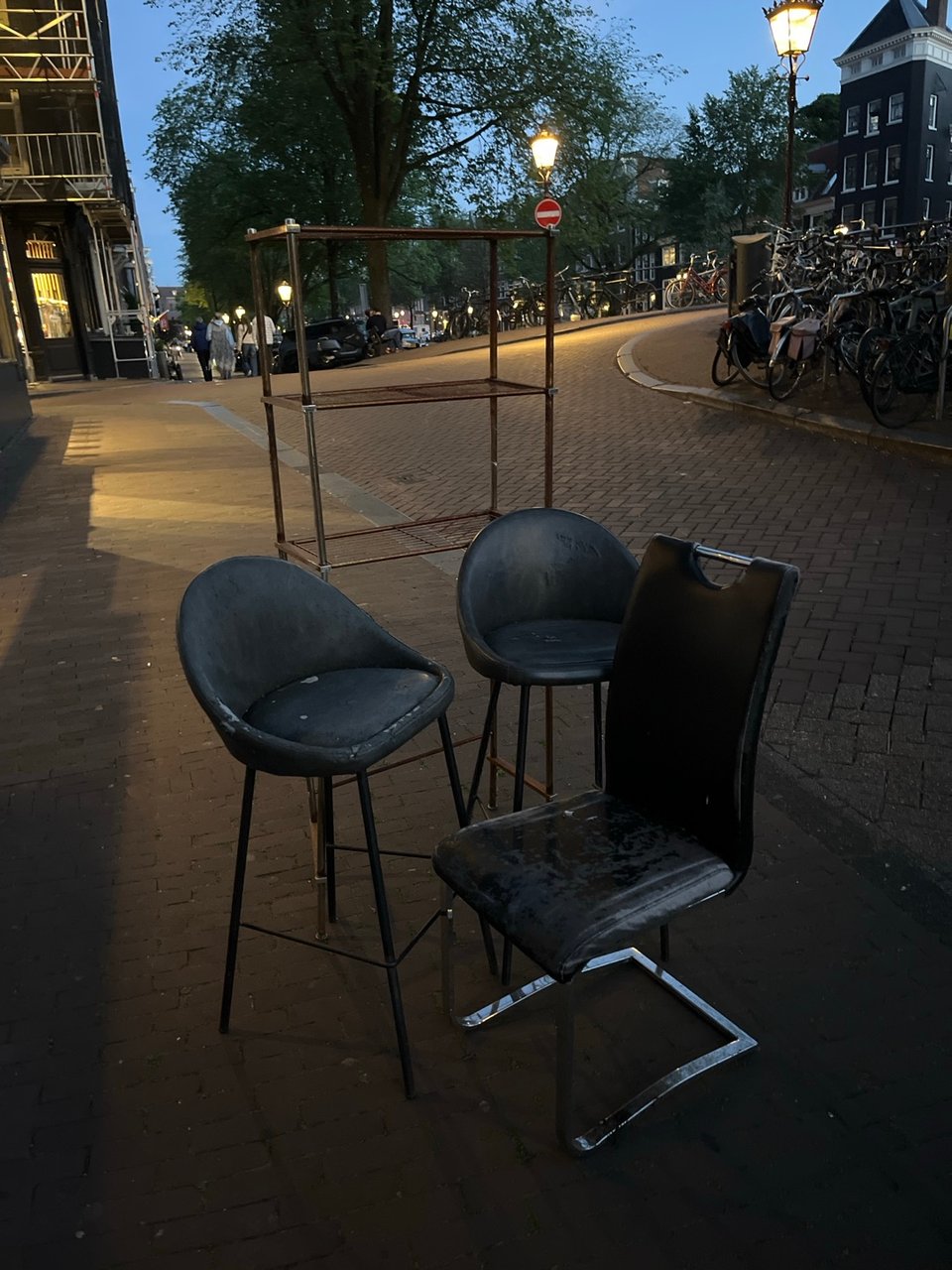 2 bar stools, chair, rusty rack
