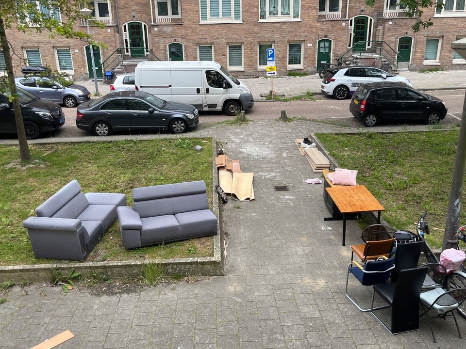 1 L couch with adjustable head and arm rests, 4 dining chairs, 1 table, 1 granite topped media console, 2 outdoor chairs, 1 outdoor table, 1 dart board
