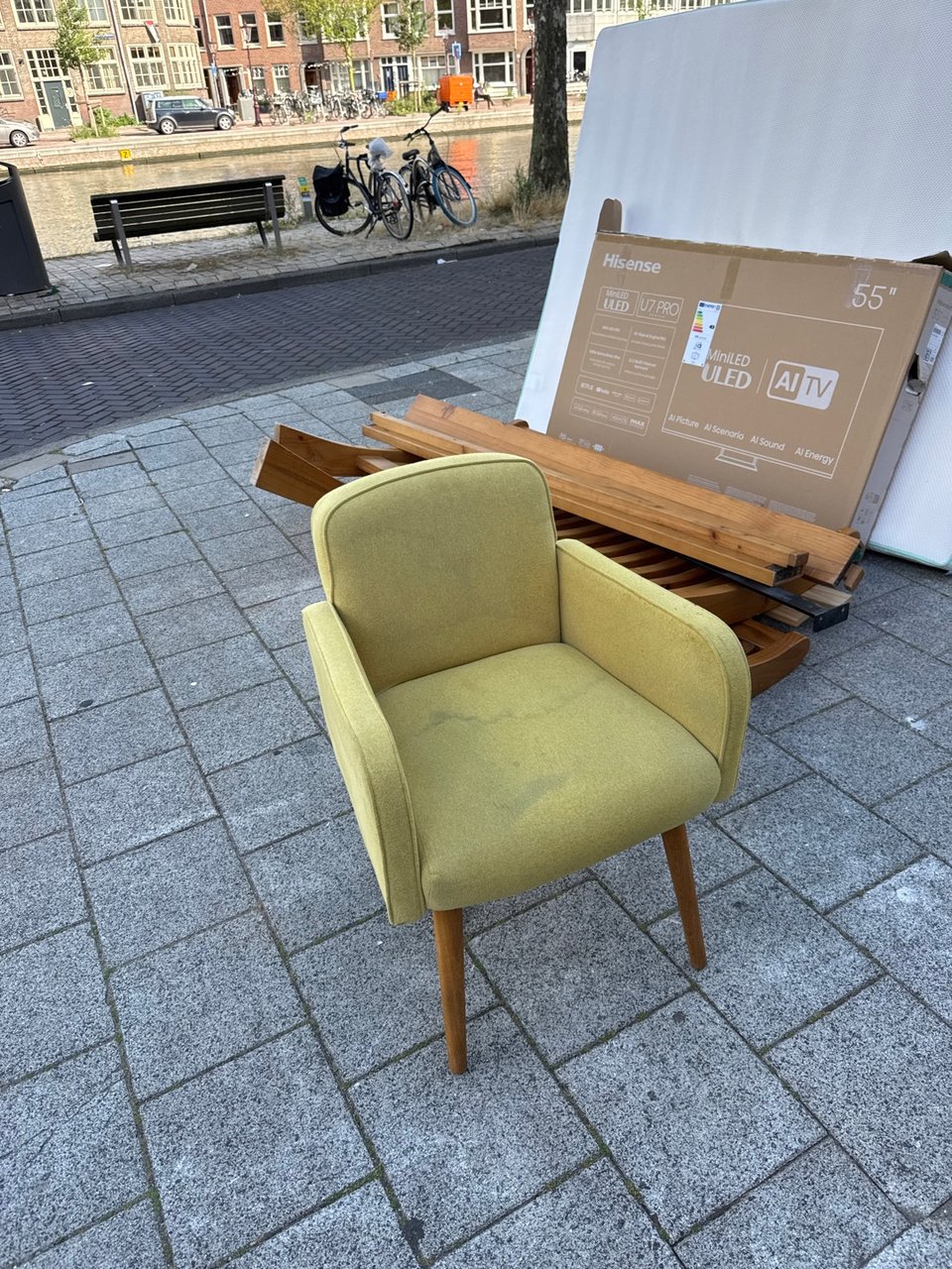 Chair needs cleaning but in good condition. The 2 person bed looks clean and in good condition - memory foam