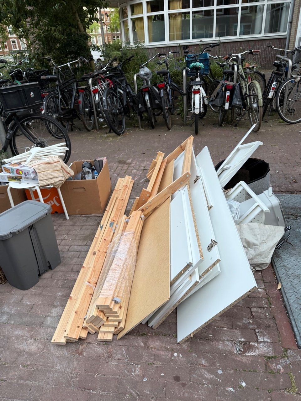 Wardrobe,
Single person bed,
Chairs,