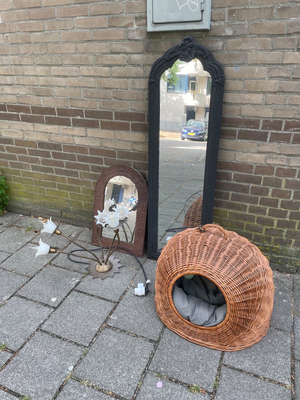 mirrors, lamp, dog bed
