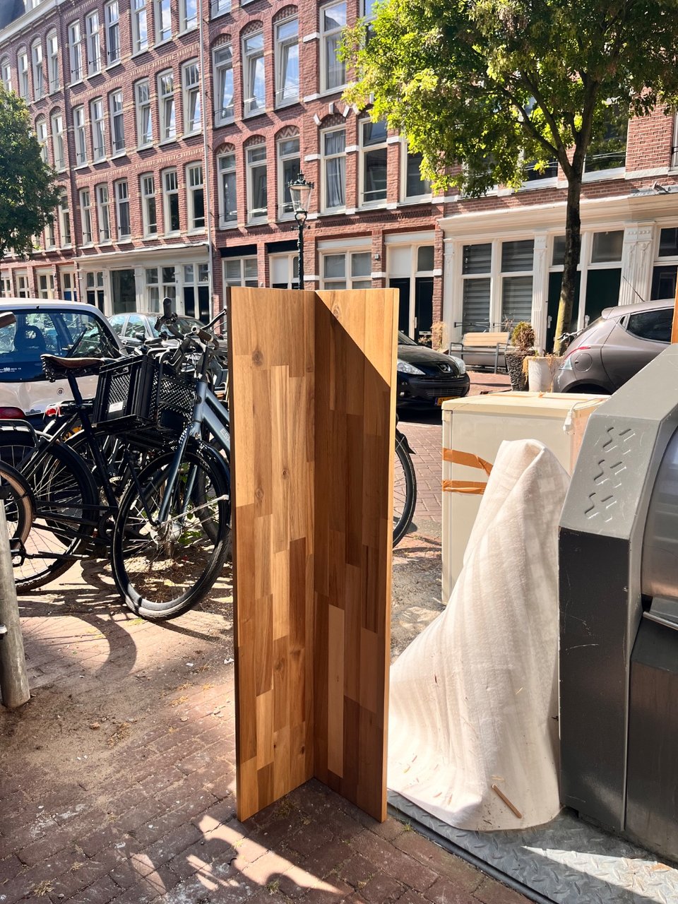 Two wooden shelves and a driftwood bed. In front of Van Hogendorp straat 131.