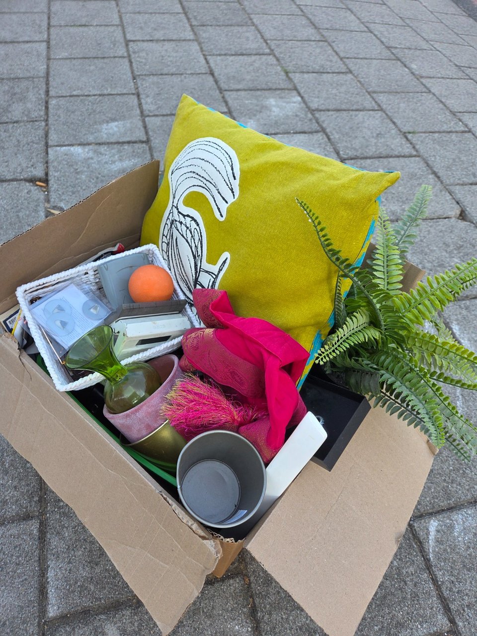 Kussen, plantenpotten, rekenmachines, kunstplantje, tafelkleed