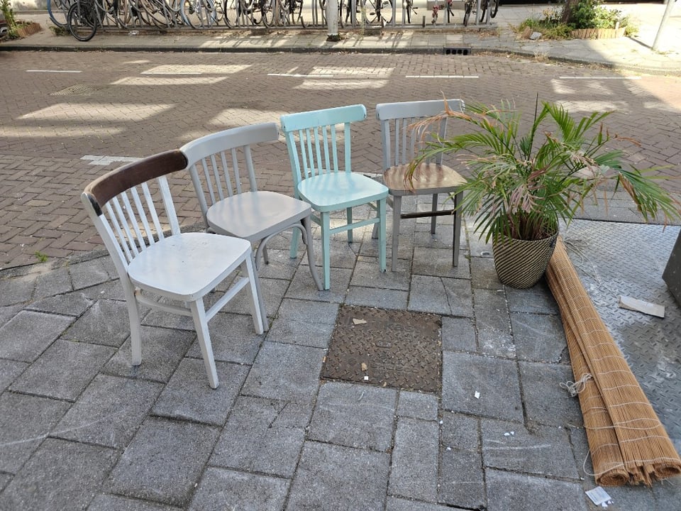 Four wooden chairs + plant + bamboo roll curtains