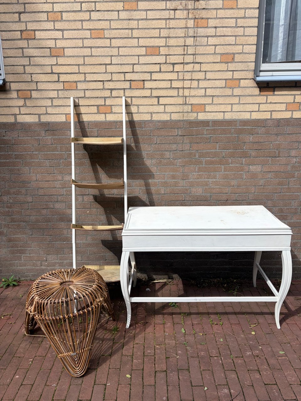 Old desk + decorative ladder for outdoor such as plants + smalll table  wooden