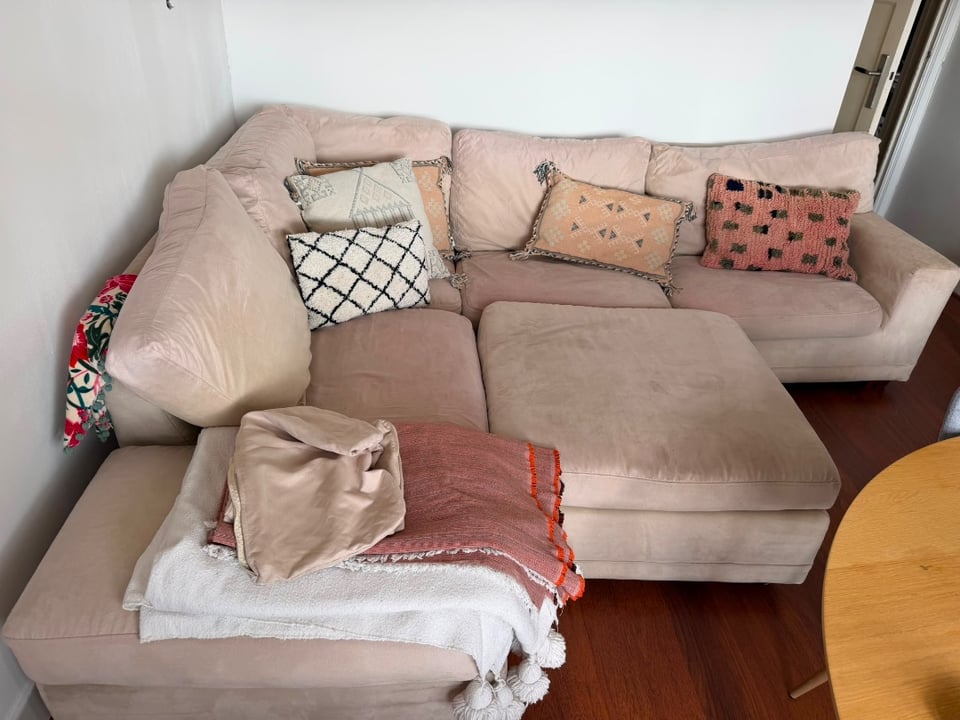 Today we are moving out our couch. 
B = 242 
L= 210 
We are able to bring it you, ONLY TODAY BEFORE 4!! 
Send me a direct message if you are interested!