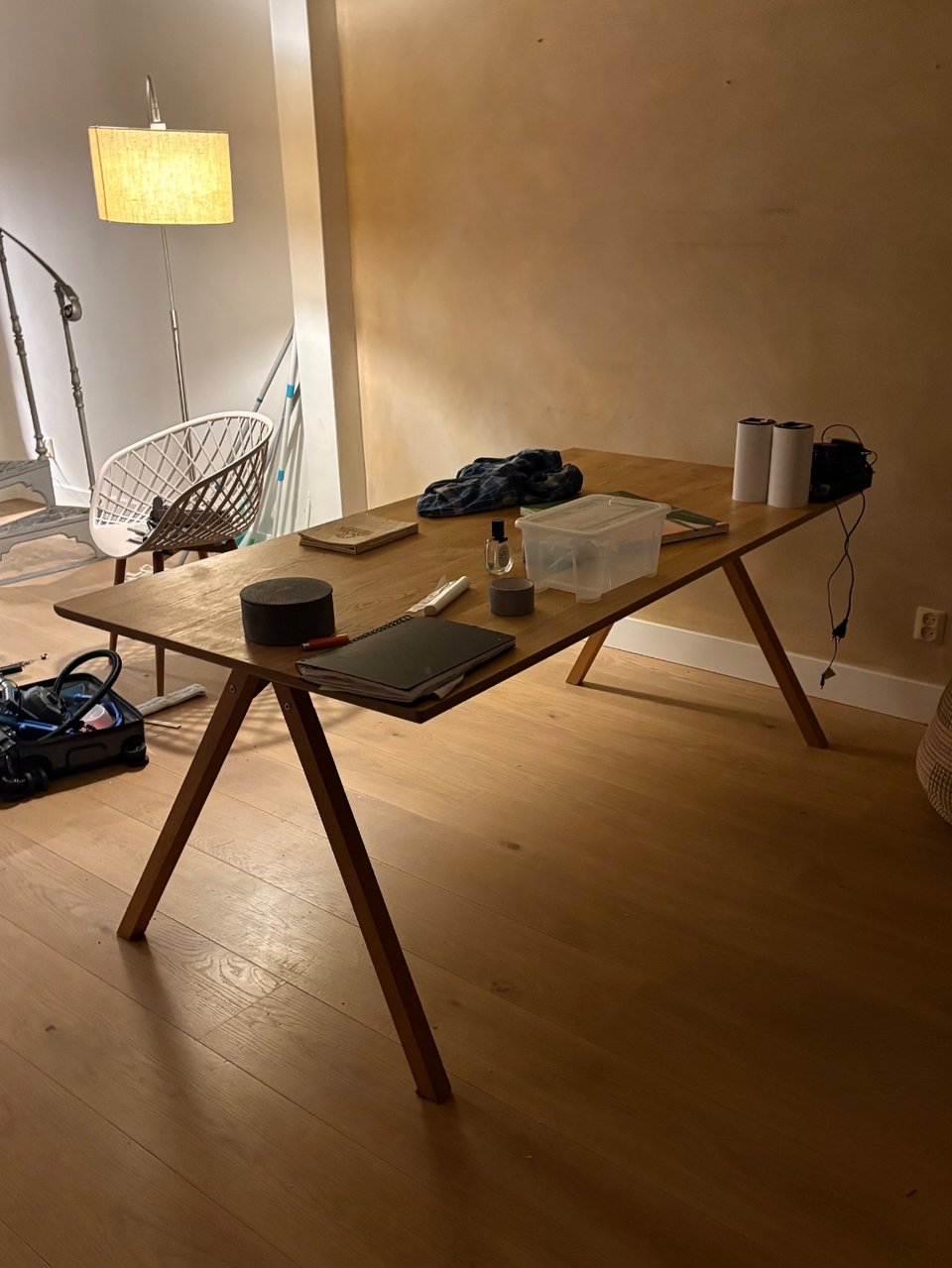 Table, desk, two outdoor chairs, three indoor chairs, mirror, easel, iron & board, books, games, rugs, baskets, plant pots (S,M,XL), hangers, glasses, mugs, plates, cutlery, pots & pans! (Whole home move out, everything must go)